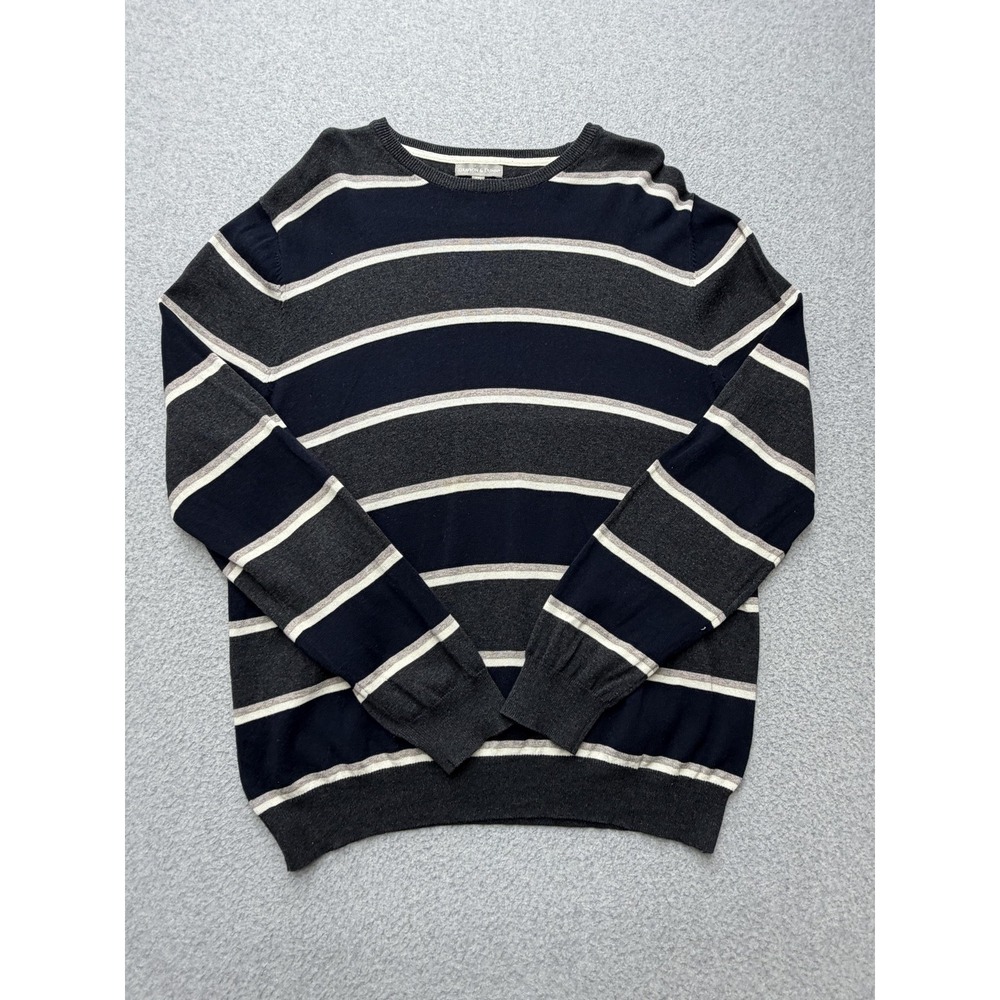 Grayson & Dunn Sweater‎ Mens 2XL Navy Gray Striped Crewneck 100% Cotton Knit